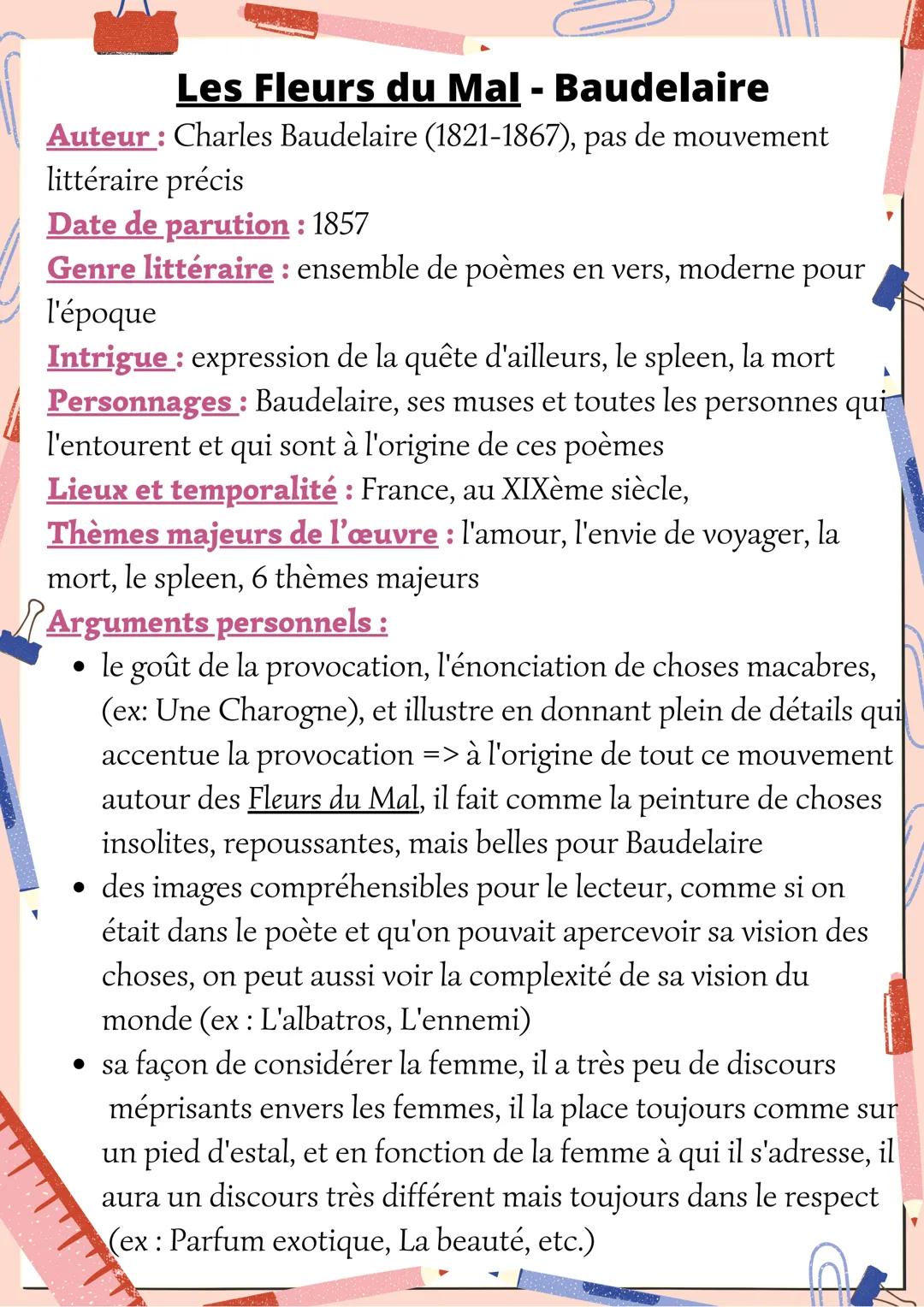 # Les Fleurs du Mal - Baudelaire

Auteur: Charles Baudelaire (1821-1867), pas de mouvement
littéraire précis

Date de parution : 1857

Genre