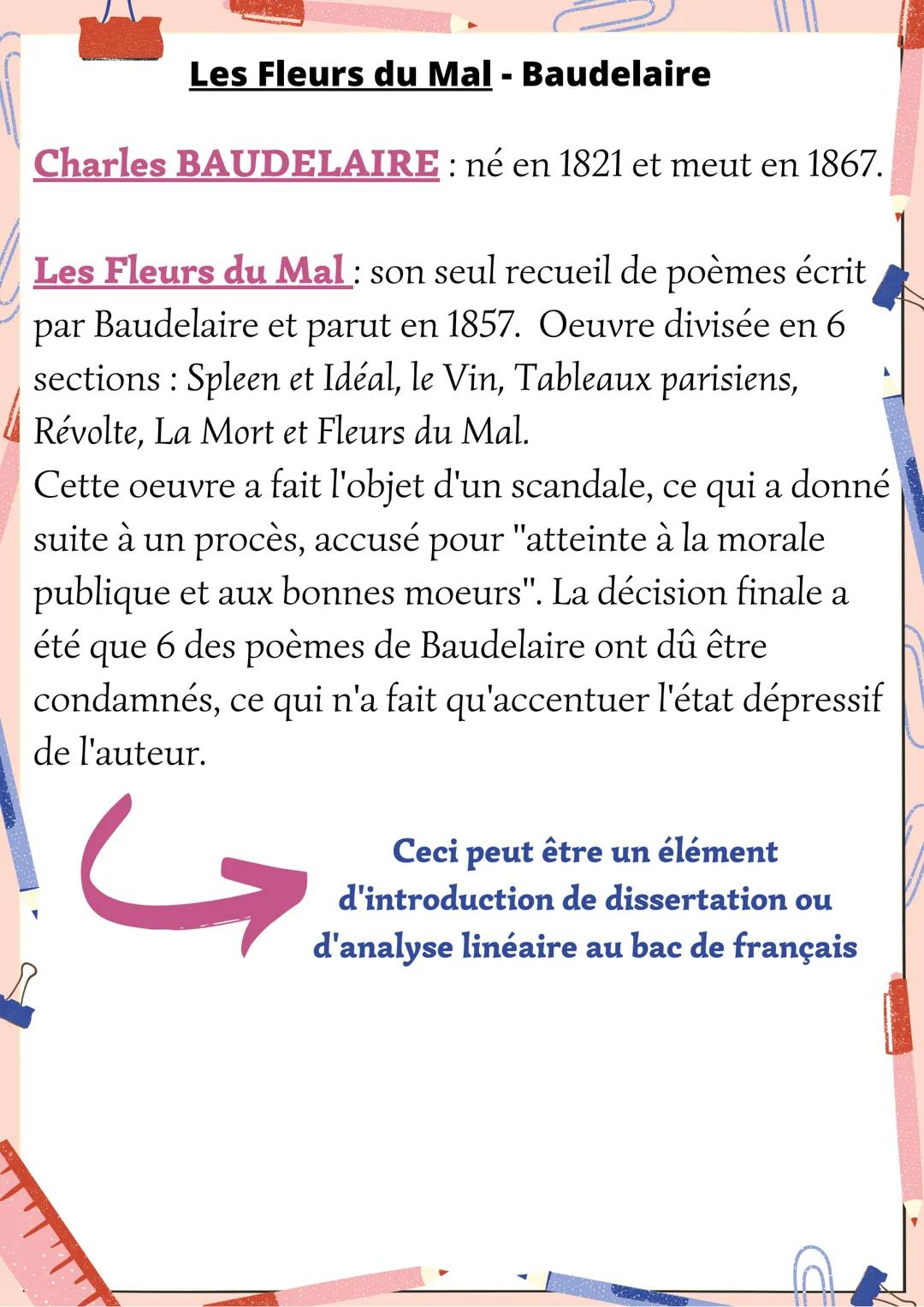 # Les Fleurs du Mal - Baudelaire

Auteur: Charles Baudelaire (1821-1867), pas de mouvement
littéraire précis

Date de parution : 1857

Genre