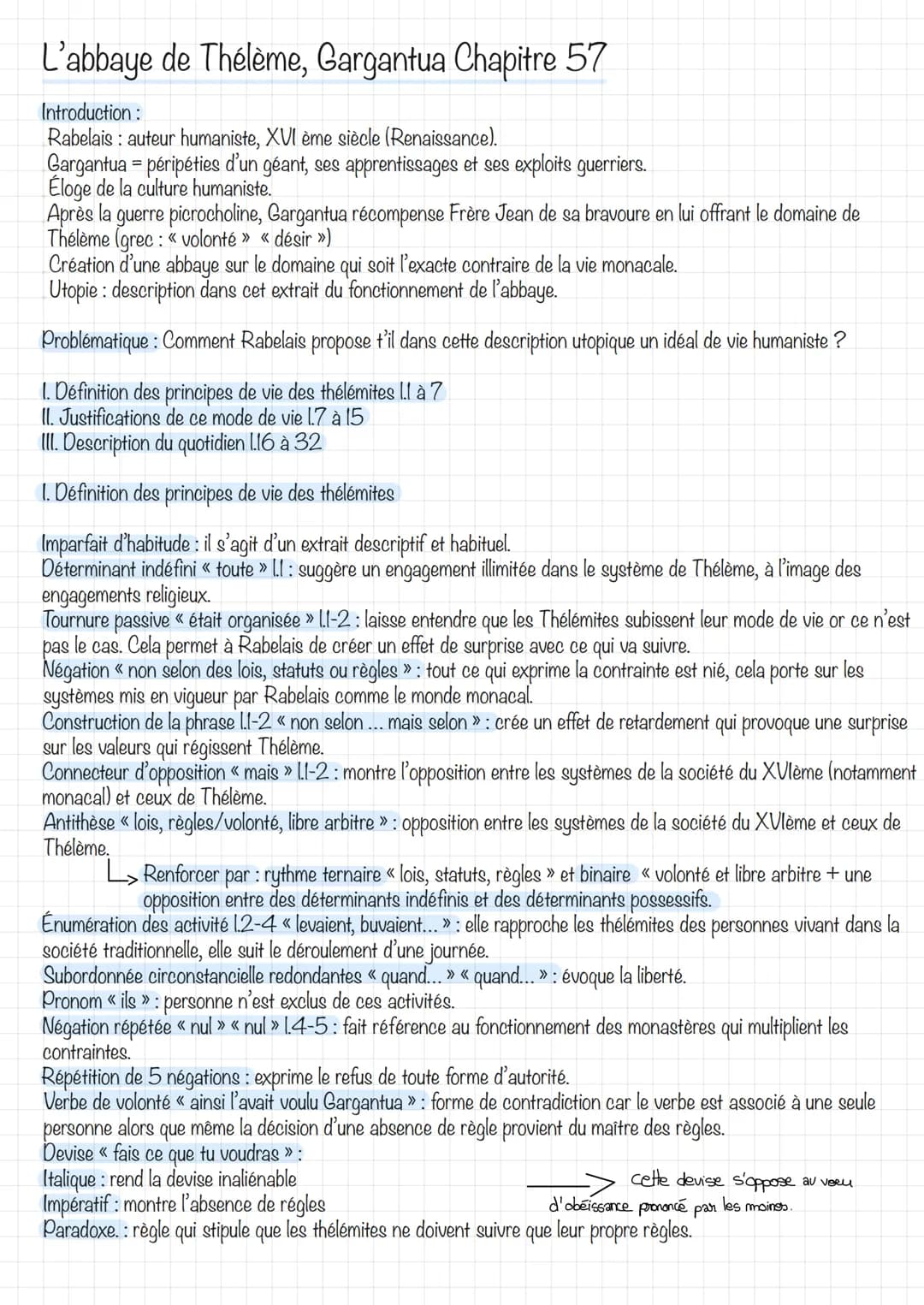 L'abbaye de Thélème, Gargantua Chapitre 57
Introduction:
Rabelais: auteur humaniste, XVI ème siècle (Renaissance).
Gargantua - péripéties d'