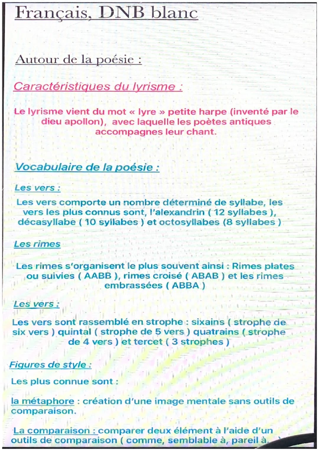 Français, DNB blanc
Autour de la poésie :
Caractéristiques du lyrisme :
Le lyrisme vient du mot « lyre » petite harpe (inventé par le
dieu a