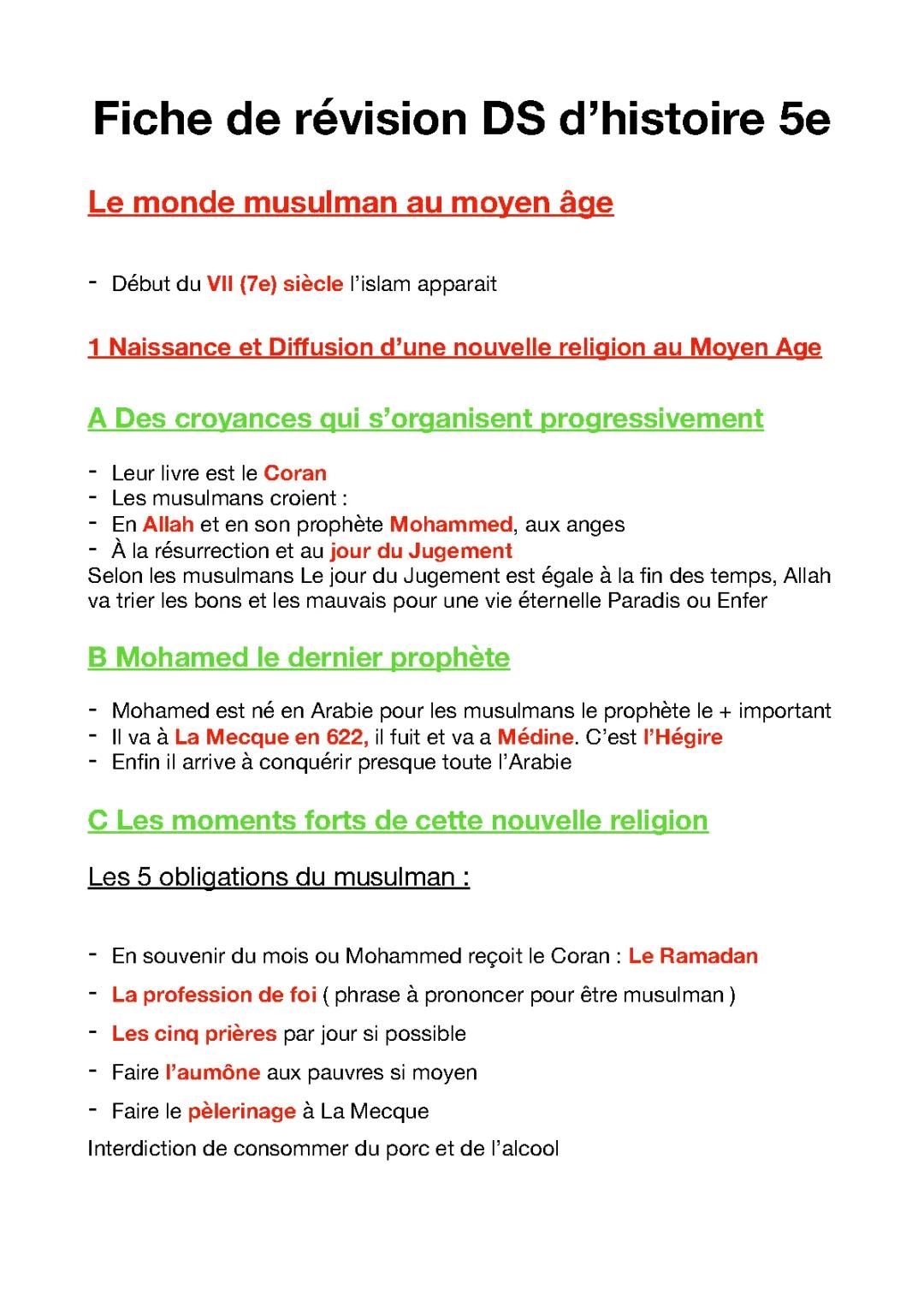 Fiche Révision Histoire 5ème : Naissance de l'Islam et le Monde Musulman au Moyen Âge