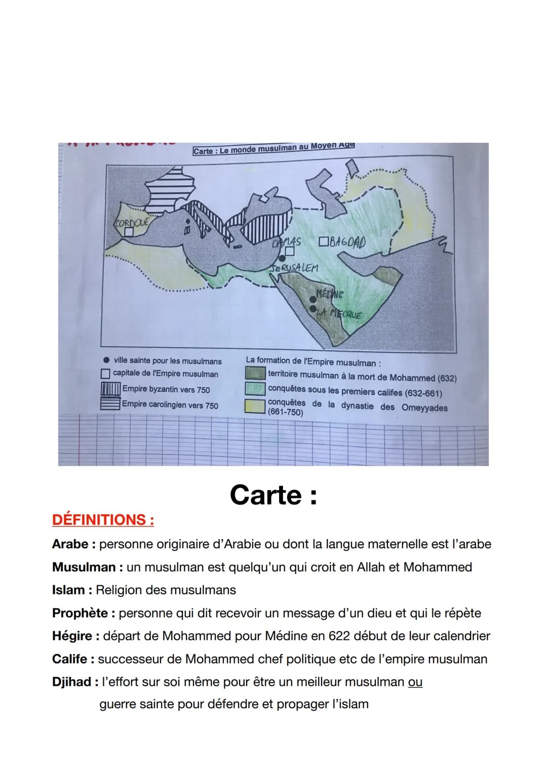 Fiche de révision DS d'histoire 5e
Le monde musulman au moyen âge
1 Naissance et Diffusion d'une nouvelle religion au Moyen Age
A Des croyan