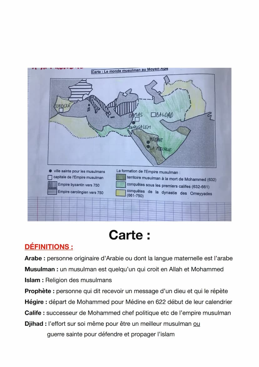 Fiche de révision DS d'histoire 5e
Le monde musulman au moyen âge
1 Naissance et Diffusion d'une nouvelle religion au Moyen Age
A Des croyan