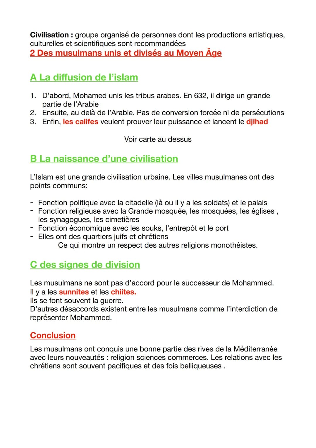 Fiche de révision DS d'histoire 5e
Le monde musulman au moyen âge
1 Naissance et Diffusion d'une nouvelle religion au Moyen Age
A Des croyan