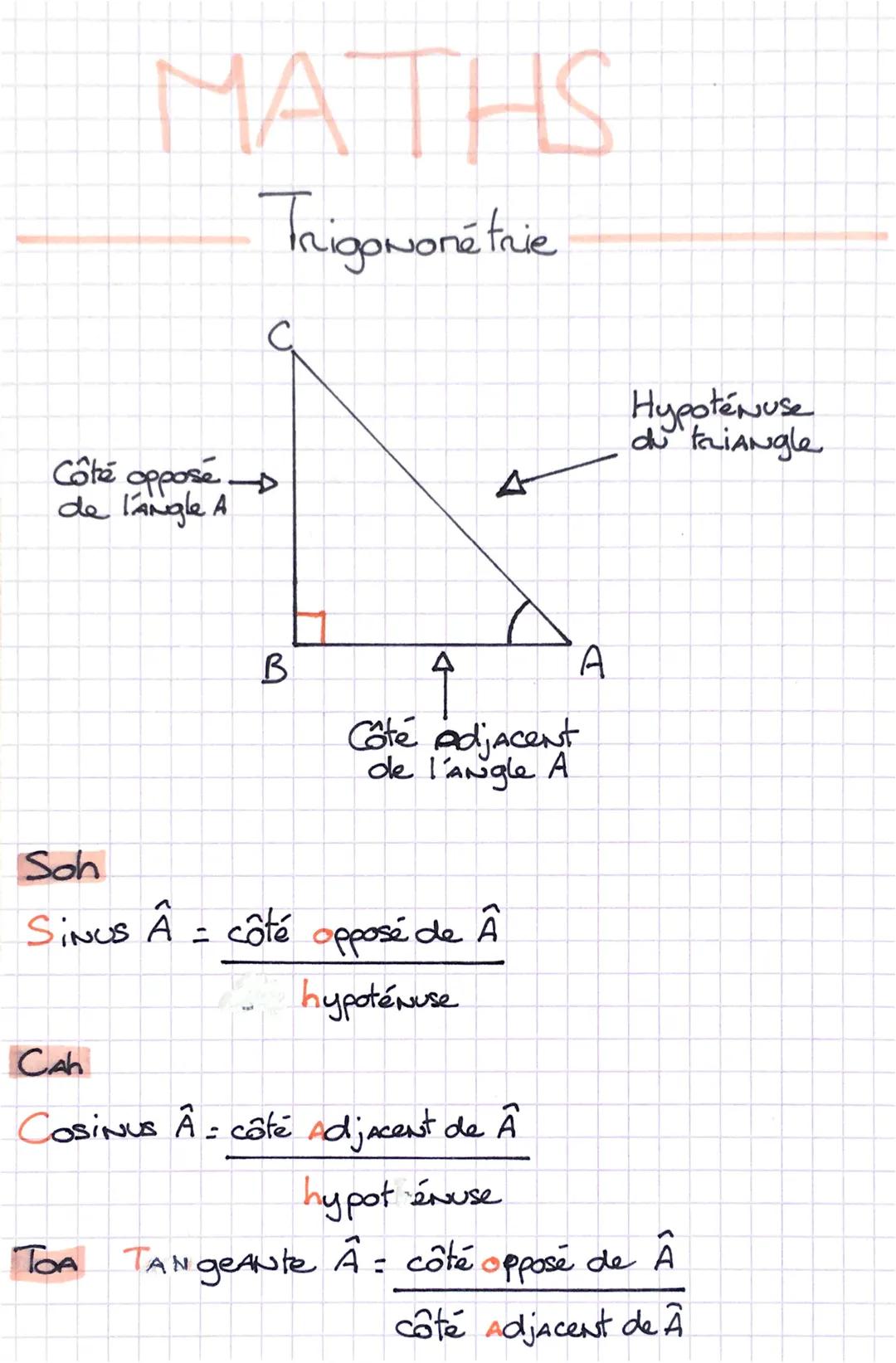 MATHS
Trigononétrie
C
Côté opposé
de l'angle A
Hypotenuse
de triangle
A
B
4
A
Côté adjacent
de l'angle A
Soh
Sinus A = côté opposé de Â
hypo