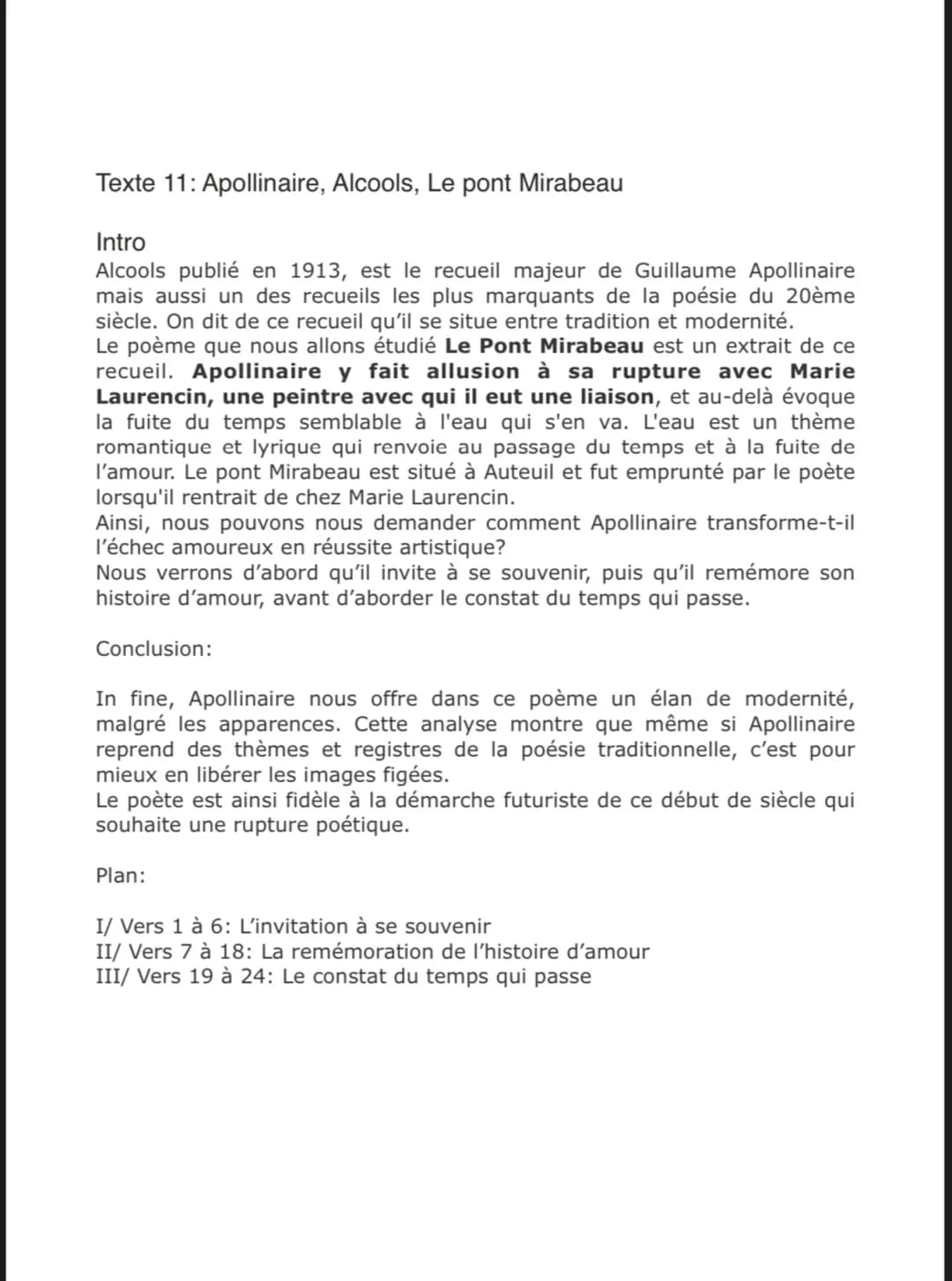 Analyse linéaire Le Pont Mirabeau - Résumé et Figures de Style pour Collège (4ème) - Texte et Poème PDF