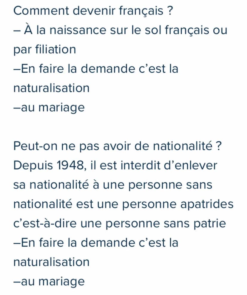 Qu'est-ce que la nationalité ?
La nationalité et le faite d'être attribué
à un pays exemple je suis française je
suis donc attribué à la rép