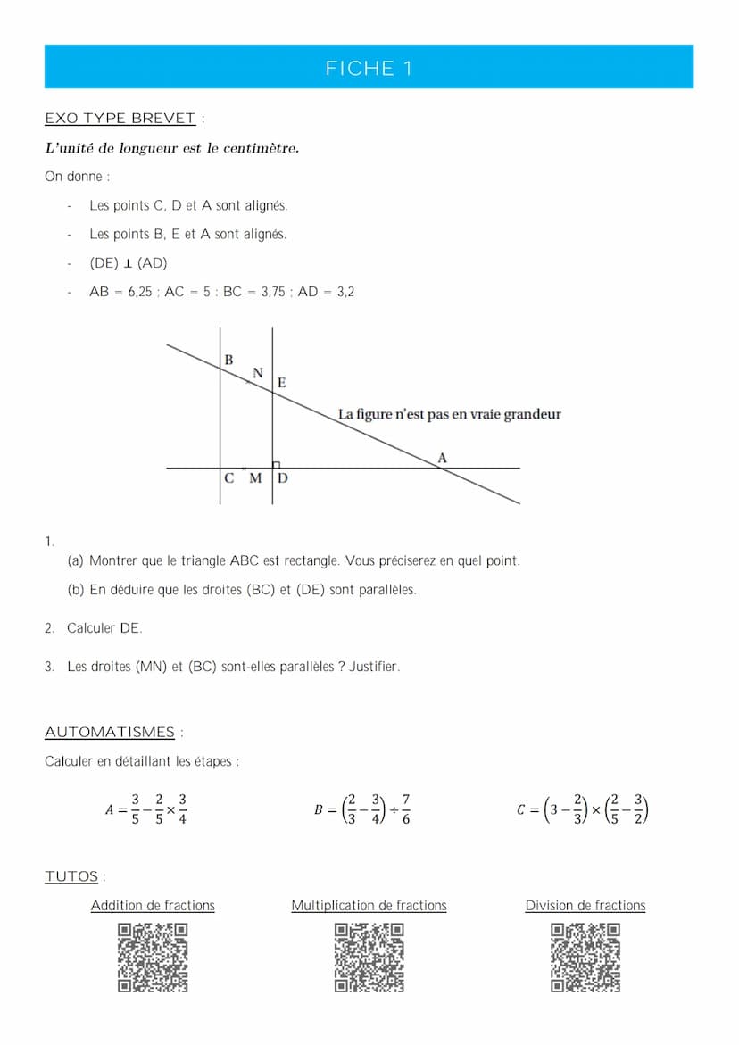 MATHÉMATIQUES – PRÉPARATION DU DNB
LIVRET DE RÉVISION FICHE 1
EXO TYPE BREVET:
L'unité de longueur est le centimètre.
On donne :
Les points 