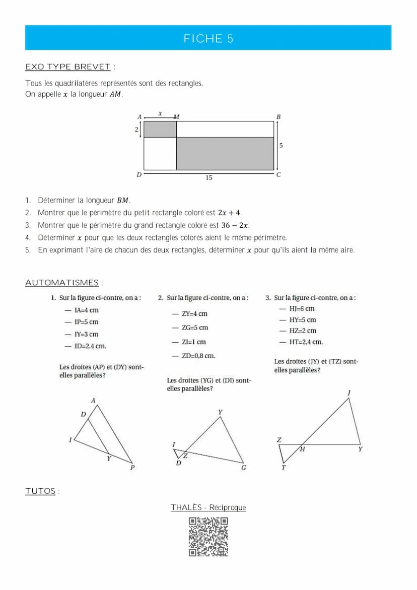 MATHÉMATIQUES – PRÉPARATION DU DNB
LIVRET DE RÉVISION FICHE 1
EXO TYPE BREVET:
L'unité de longueur est le centimètre.
On donne :
Les points 