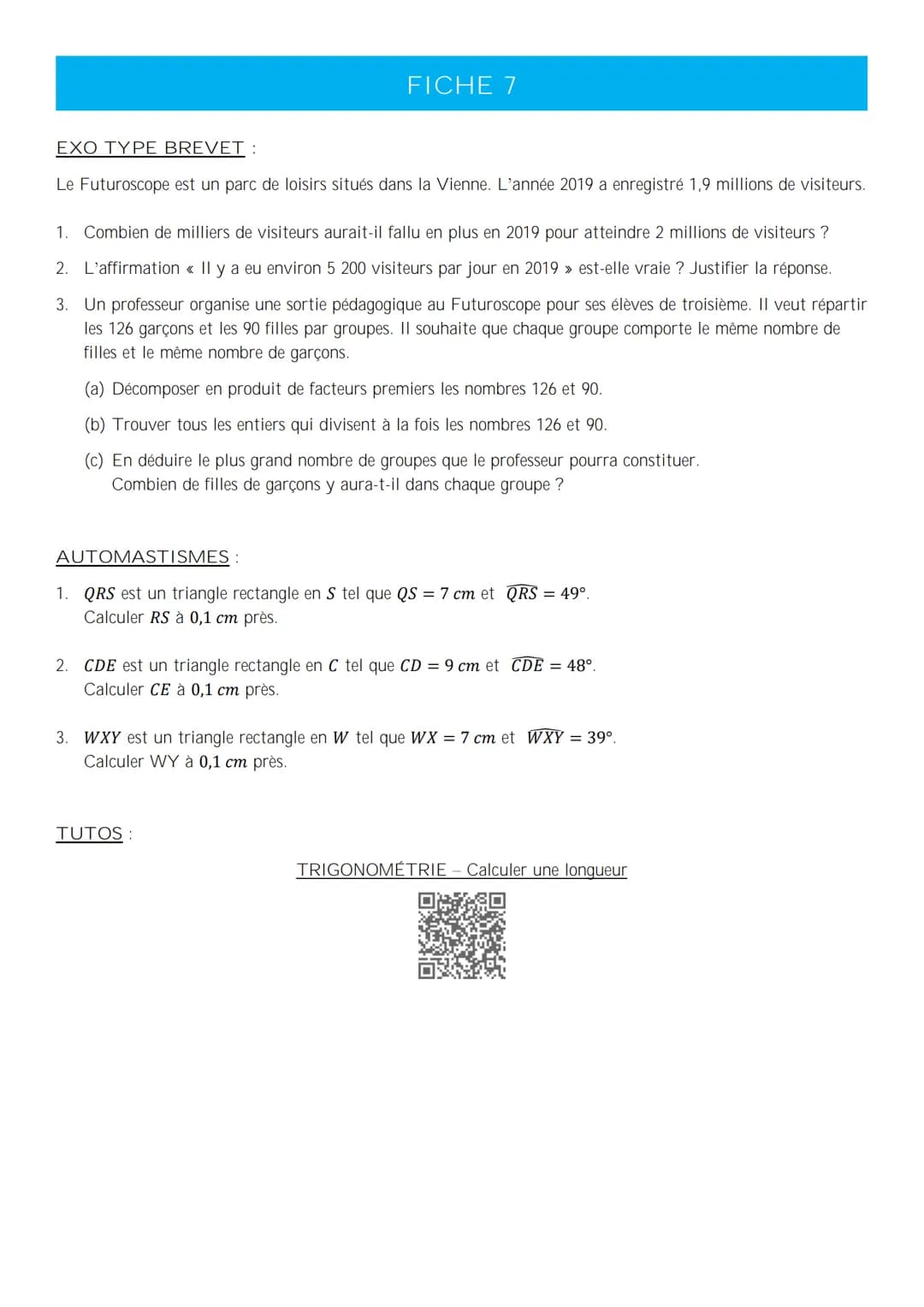 MATHÉMATIQUES – PRÉPARATION DU DNB
LIVRET DE RÉVISION FICHE 1
EXO TYPE BREVET:
L'unité de longueur est le centimètre.
On donne :
Les points 