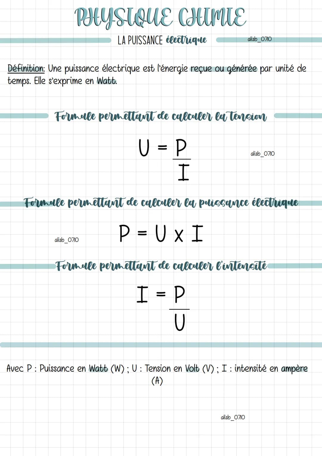 PHYSIQUE CHIMIE
LA PUISSANCE électrique
Définition: Une puissance électrique est l'énergie reçue ou générée par unité de
temps. Elle s'expri