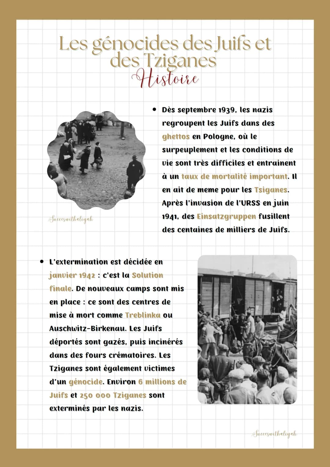 Les génocides des Juifs et
des Tziganes
Histoire
Succes withaliyah
• Dès septembre 1939, les nazis
regroupent les Juifs dans des
ghettos en 