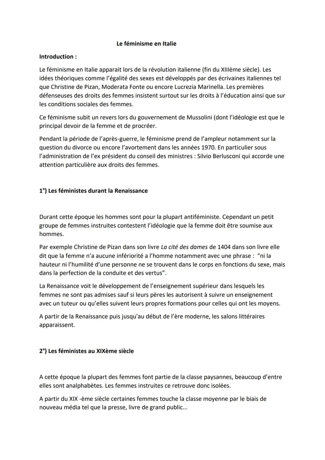 Le féminisme en Italie
Introduction :
Le féminisme en Italie apparait lors de la révolution italienne (fin du XIIIème siècle). Les
idées thé