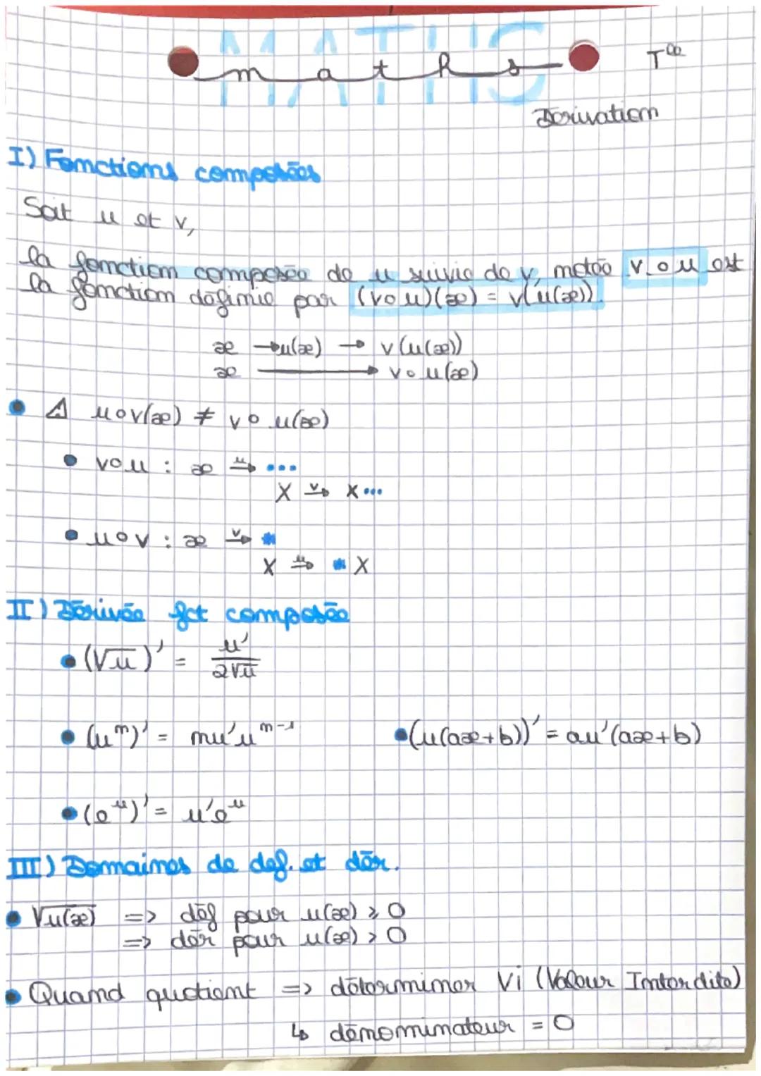 I) Fonctions competies
Sait u et v
A μ°v(a) #vº u(se)
you:
la fonction composéo de u suvic do v motão vou est
la
• nova
æ →u(a) → v(u(x))
→v