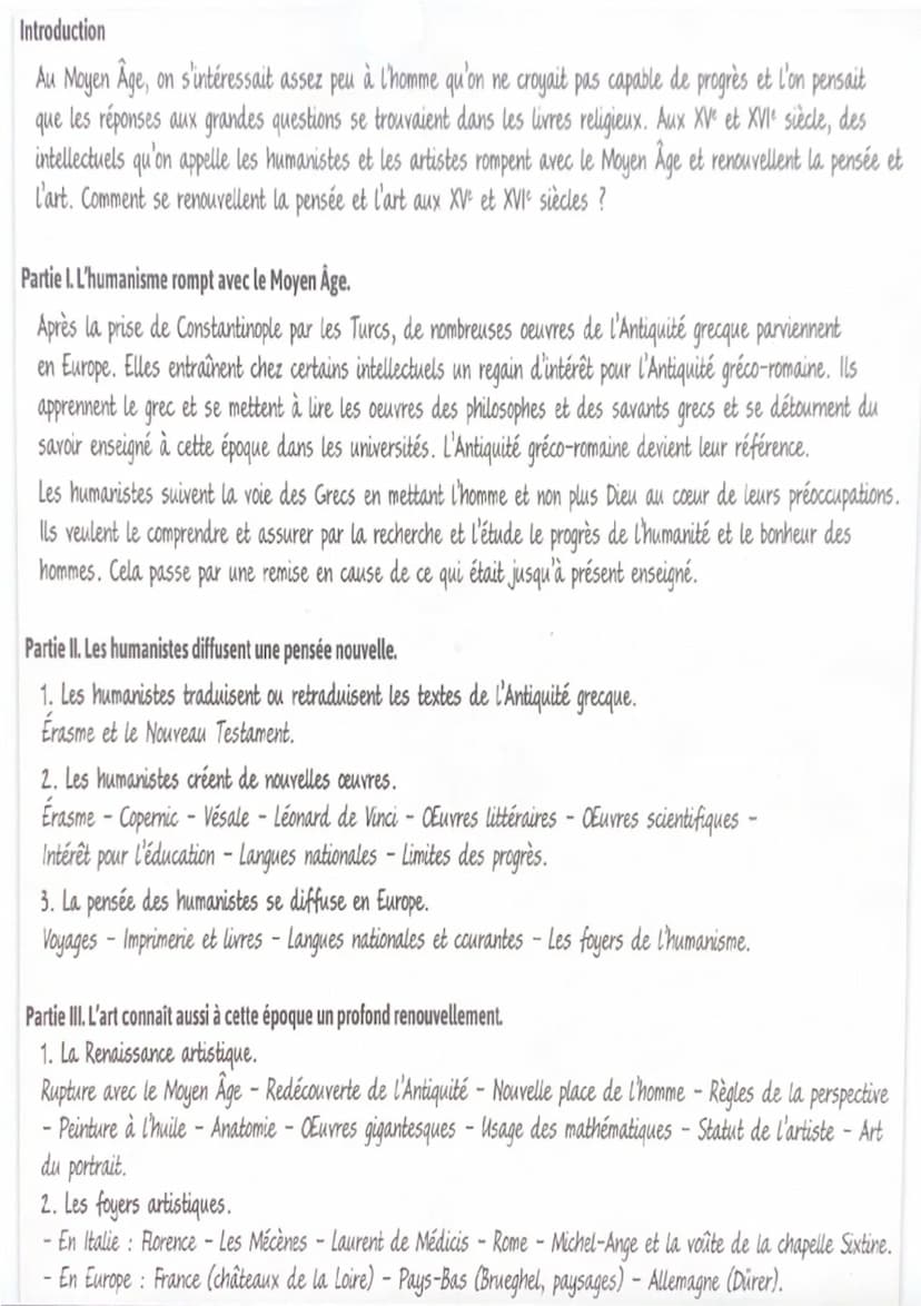 --- OCR Start ---
A: L'humanisme, une vision renouvelée de l'homme:
L'humanisme : mouvement de pensée européen du XVI è siècle qui se caract
