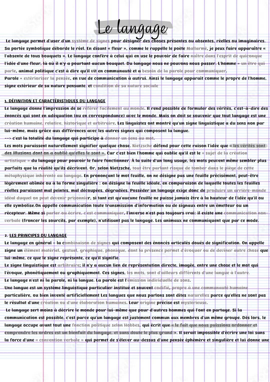 Le langage
Le langage permet d'user d'un système de signes pour désigner des choses présentes ou absentes, réelles ou imaginaires.
Sa portée