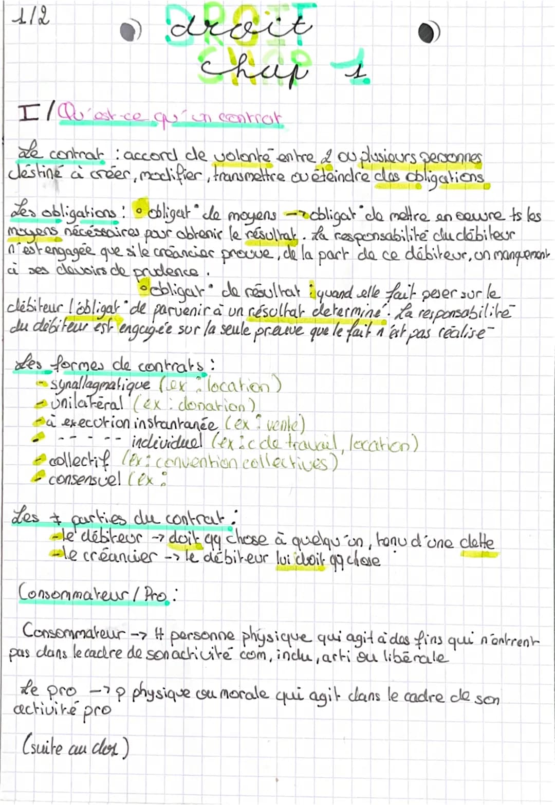 1/2
•
I/ Qu'est-ce qu' in contrat
Le contrat : accord de volonte entre & ou plusieurs personnes
clestiné à créer, modifier, transmettre quét