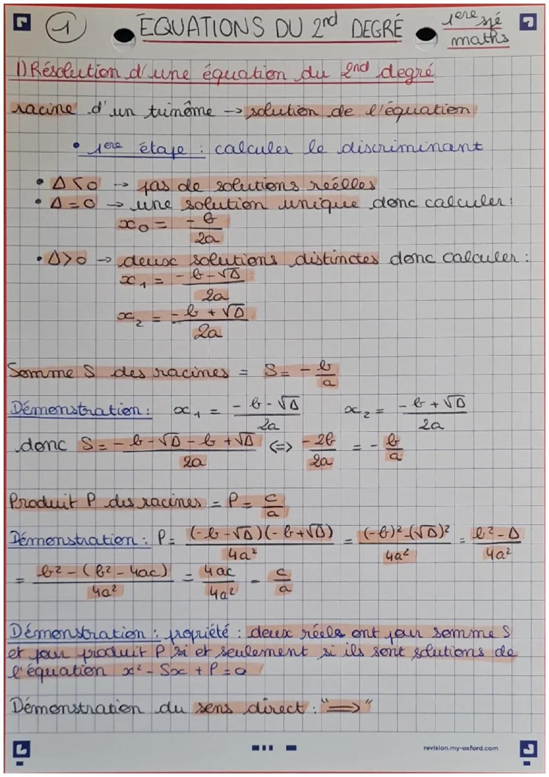 Ꮧ
EQUATIONS DU 2nd DEGRÉ
Jere
maths
1) Résolution d'une équation du 2nd degré.
racine d'un trimôme - solution de l'équation
e
• yere étage :