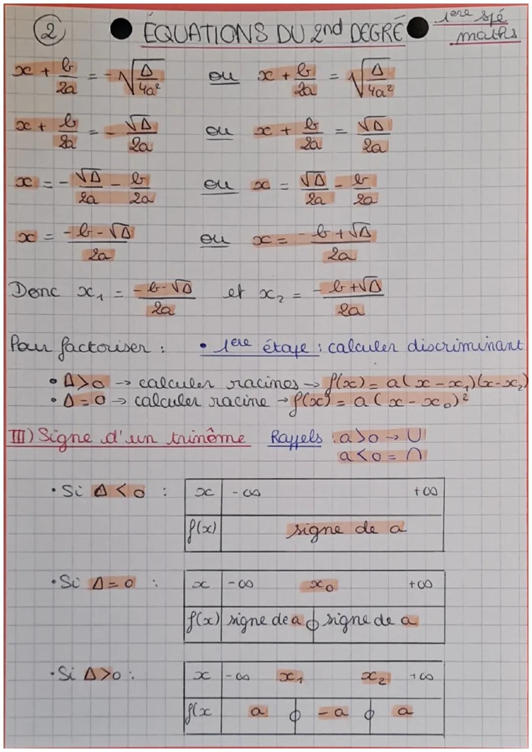 Ꮧ
EQUATIONS DU 2nd DEGRÉ
Jere
maths
1) Résolution d'une équation du 2nd degré.
racine d'un trimôme - solution de l'équation
e
• yere étage :