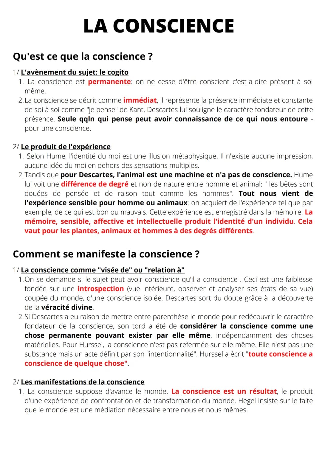 LA
CONSCIENCE
Qu'est ce que la conscience ?
1/ L'avènement du sujet: le cogito
1. La conscience est permanente: on ne cesse d'être conscient