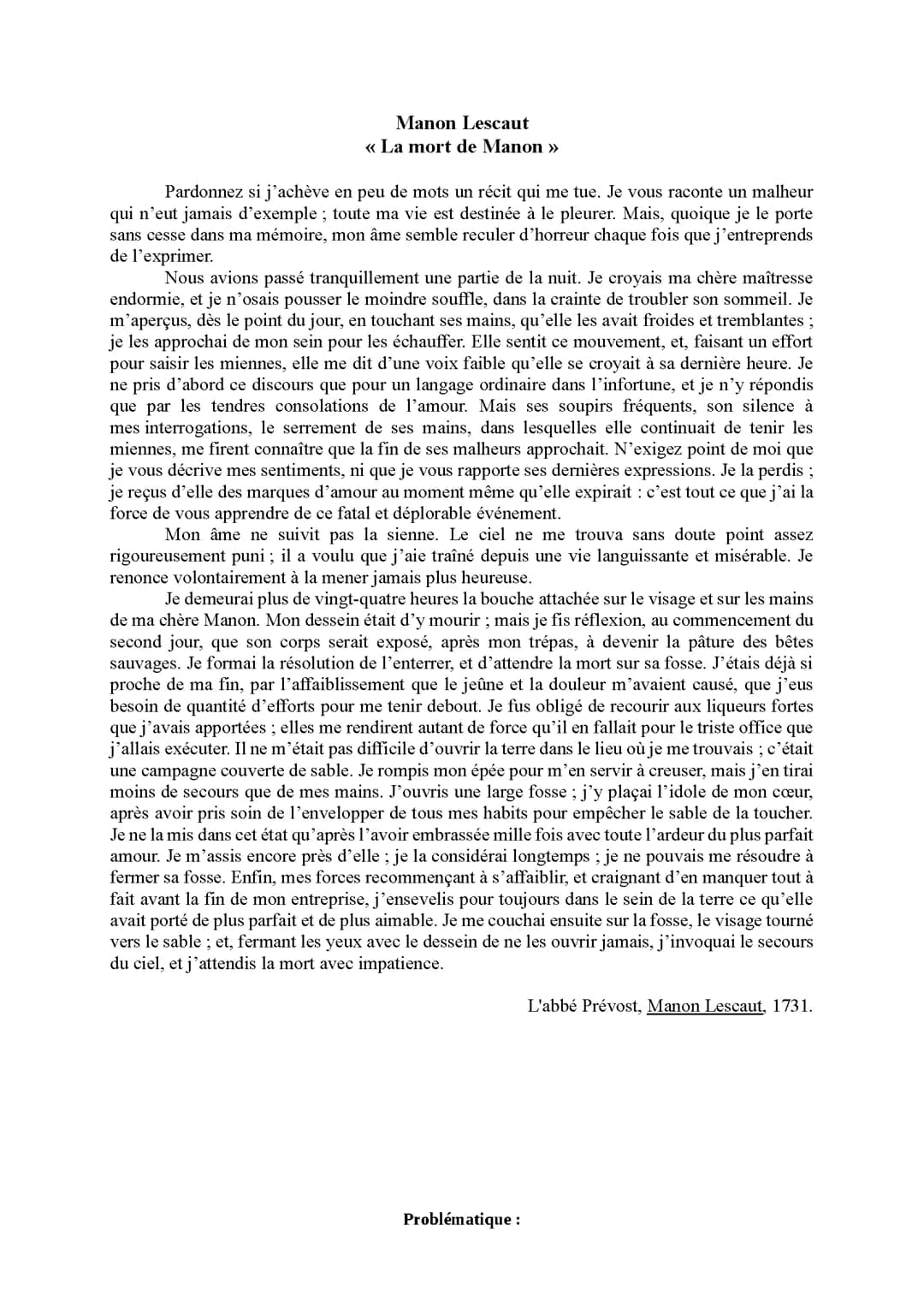 La mort de Manon Lescaut analyse linéaire