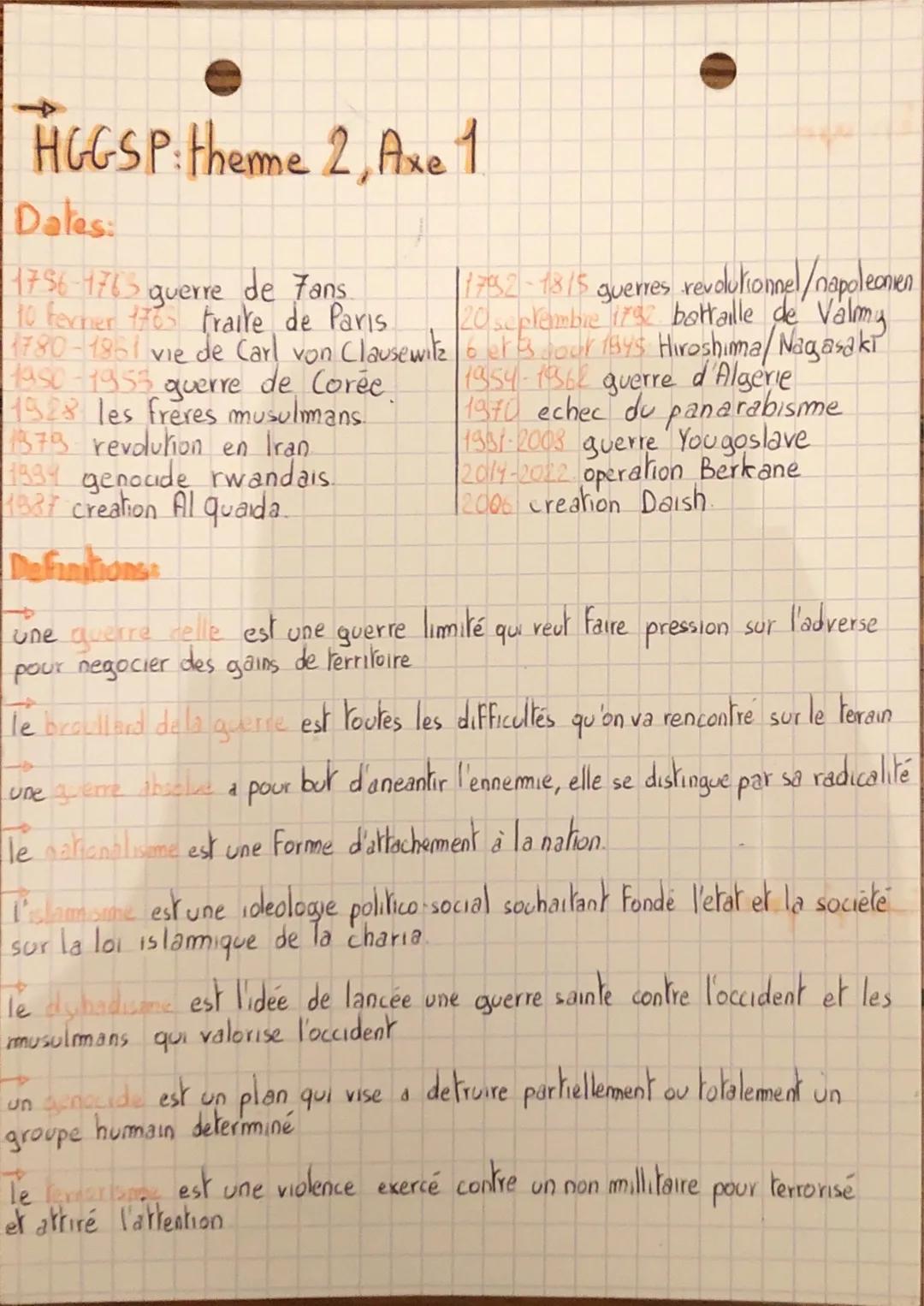 HGGSP: theme 2, Axe 1
Dates:
1756-1765 guerre de Fans
to ferner 1705 traite de Paris.
1780-1861 vie de Carl von Clausewitz
1950-1953 guerre 