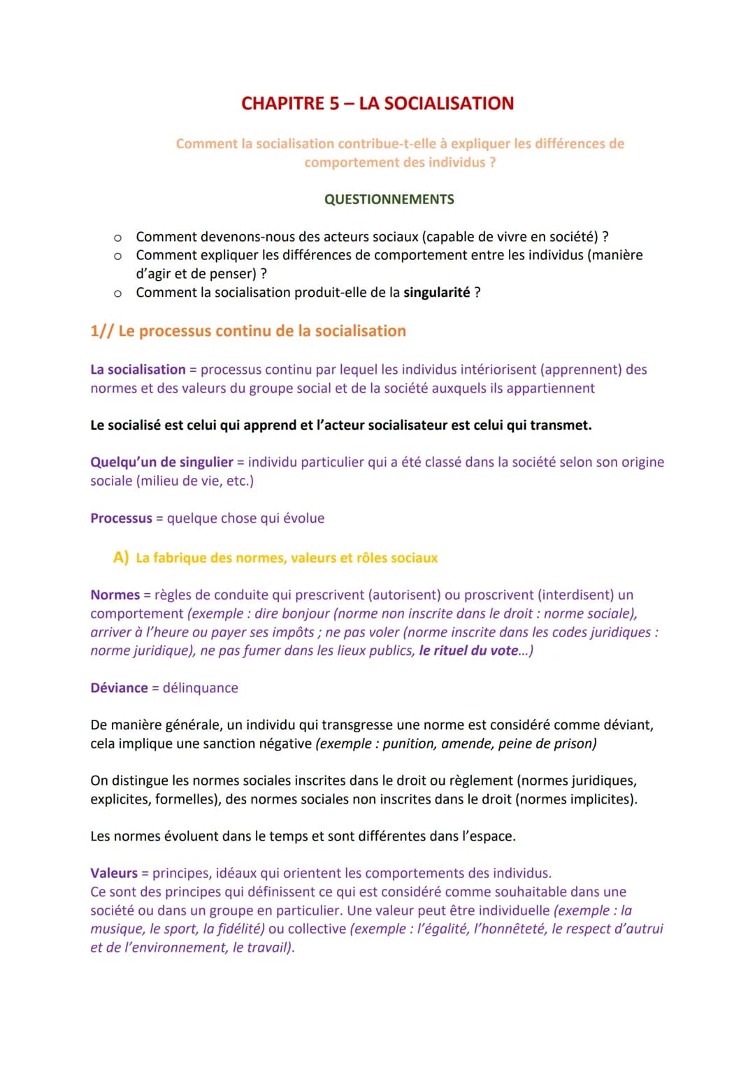 O
O
CHAPITRE 5 - LA SOCIALISATION
Comment la socialisation contribue-t-elle à expliquer les différences de
comportement des individus ?
QUES