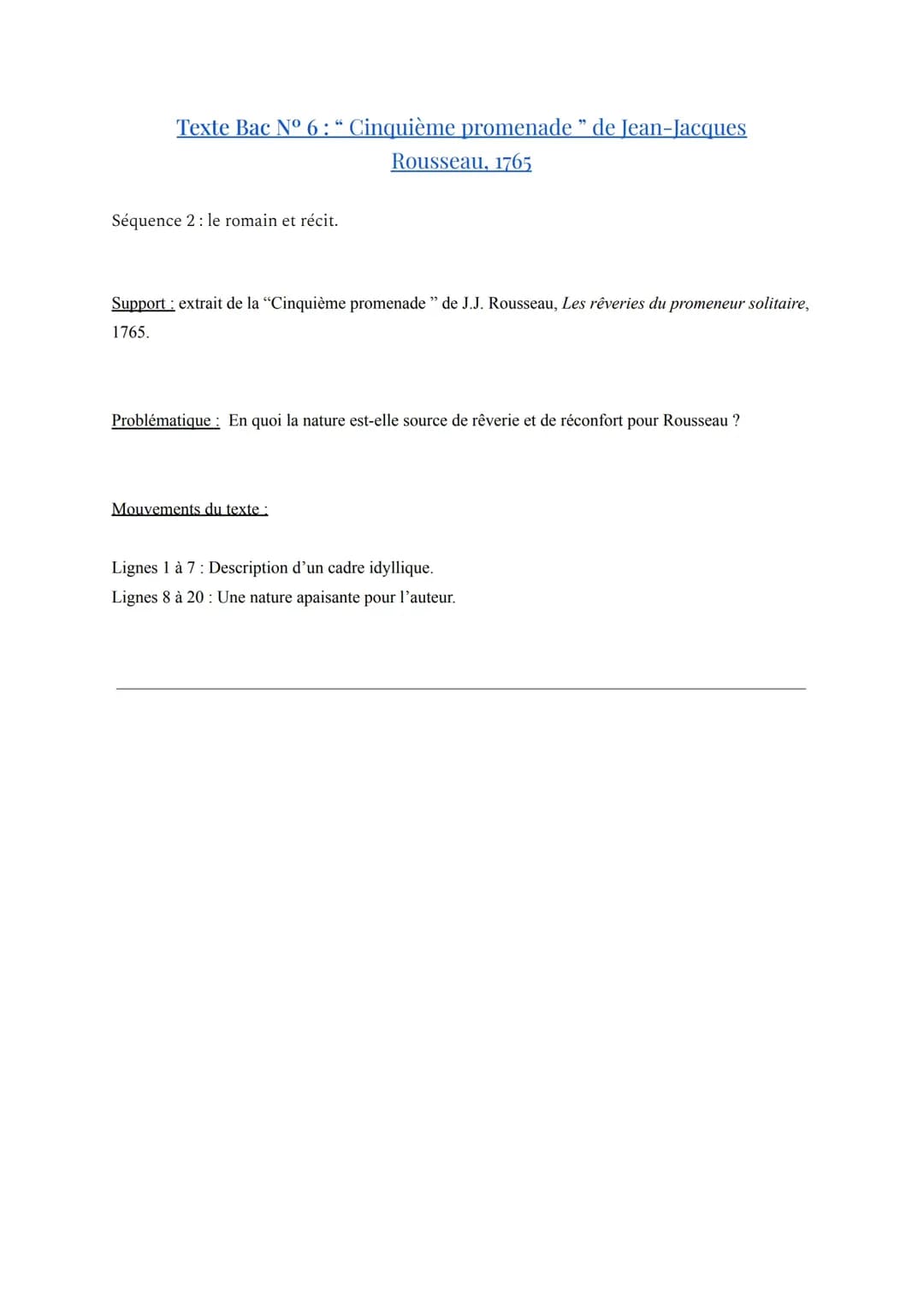 Analyse : “ Cinquième promenade ” de Jean-Jacques Rousseau, 1765