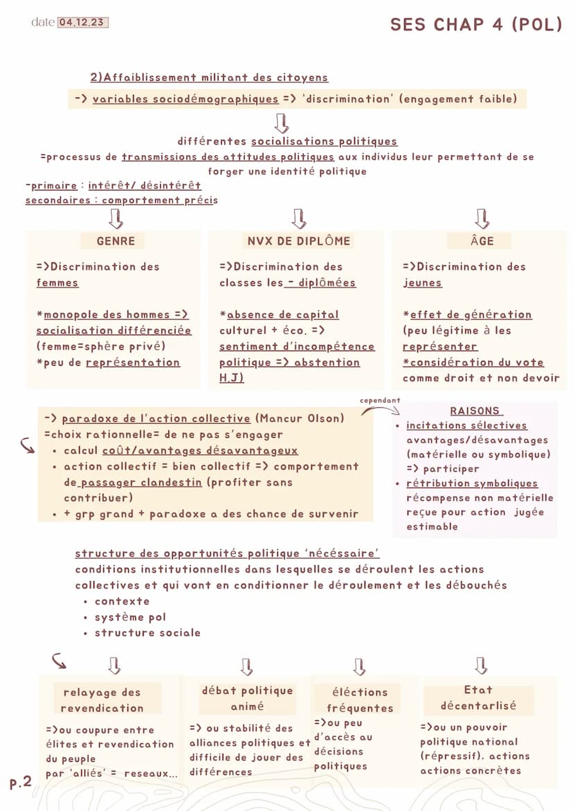 P.1
date 04.12.23
SES CHAP 4 (POL)
Comment expliquer l'engagement politique dans les société
démocratiques ?
Axes I-enjeu des formes d'actio