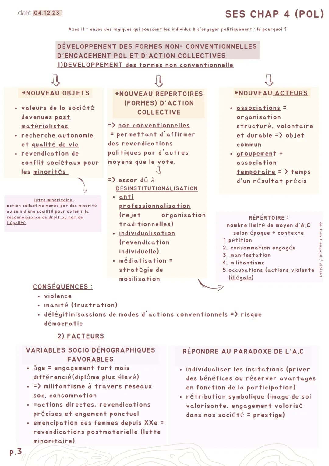 P.1
date 04.12.23
SES CHAP 4 (POL)
Comment expliquer l'engagement politique dans les société
démocratiques ?
Axes I-enjeu des formes d'actio