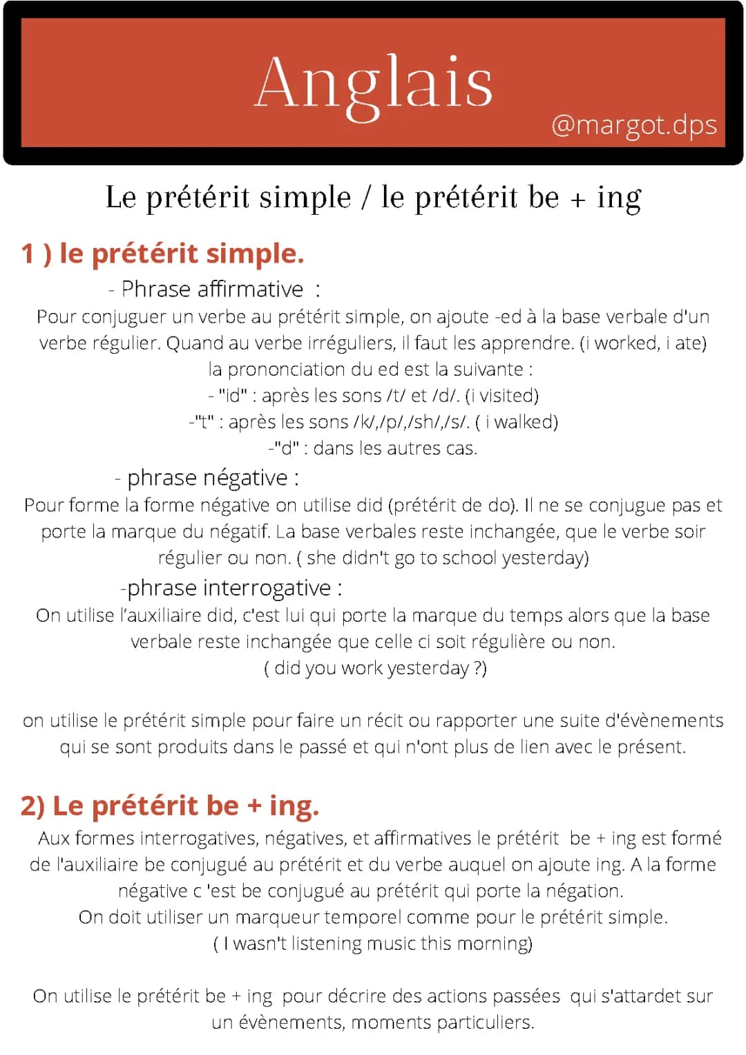 Le Prétérit Simple et Prétérit BE+ING Anglais PDF - Facile