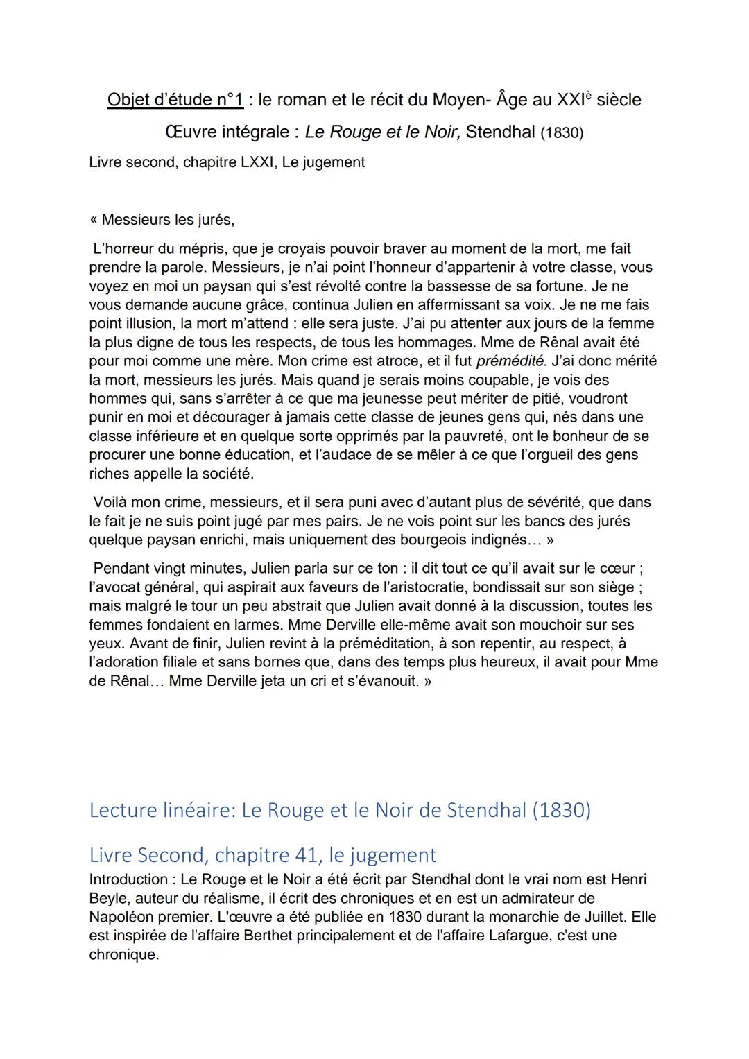 # Objet d'étude n°1: le roman et le récit du Moyen-Âge au XXIe siècle

Œuvre intégrale: Le Rouge et le Noir, Stendhal (1830)

Livre second, 