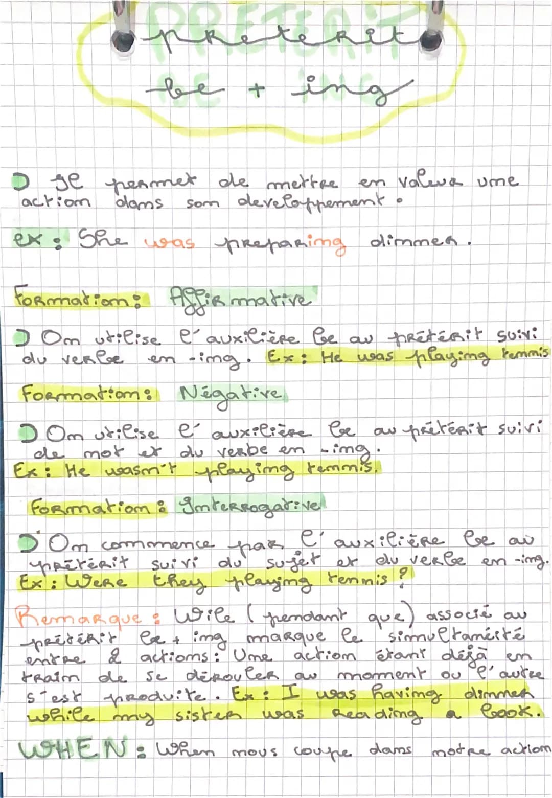 preteret
be + ing
5 se permet de mettre
action
doms
en valeva ume
som developpement •
ex: She was preparing dimmer.
Formation: APPIR mative.