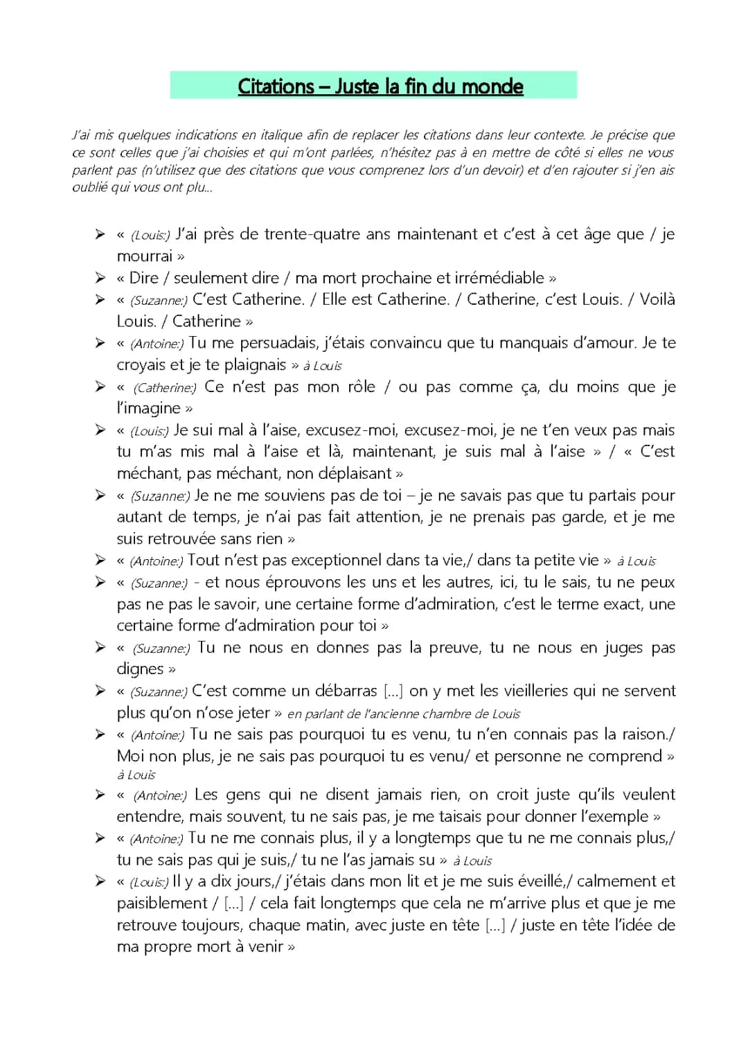 Citations Juste la fin du monde PDF - Bac, Dissertation et Explications