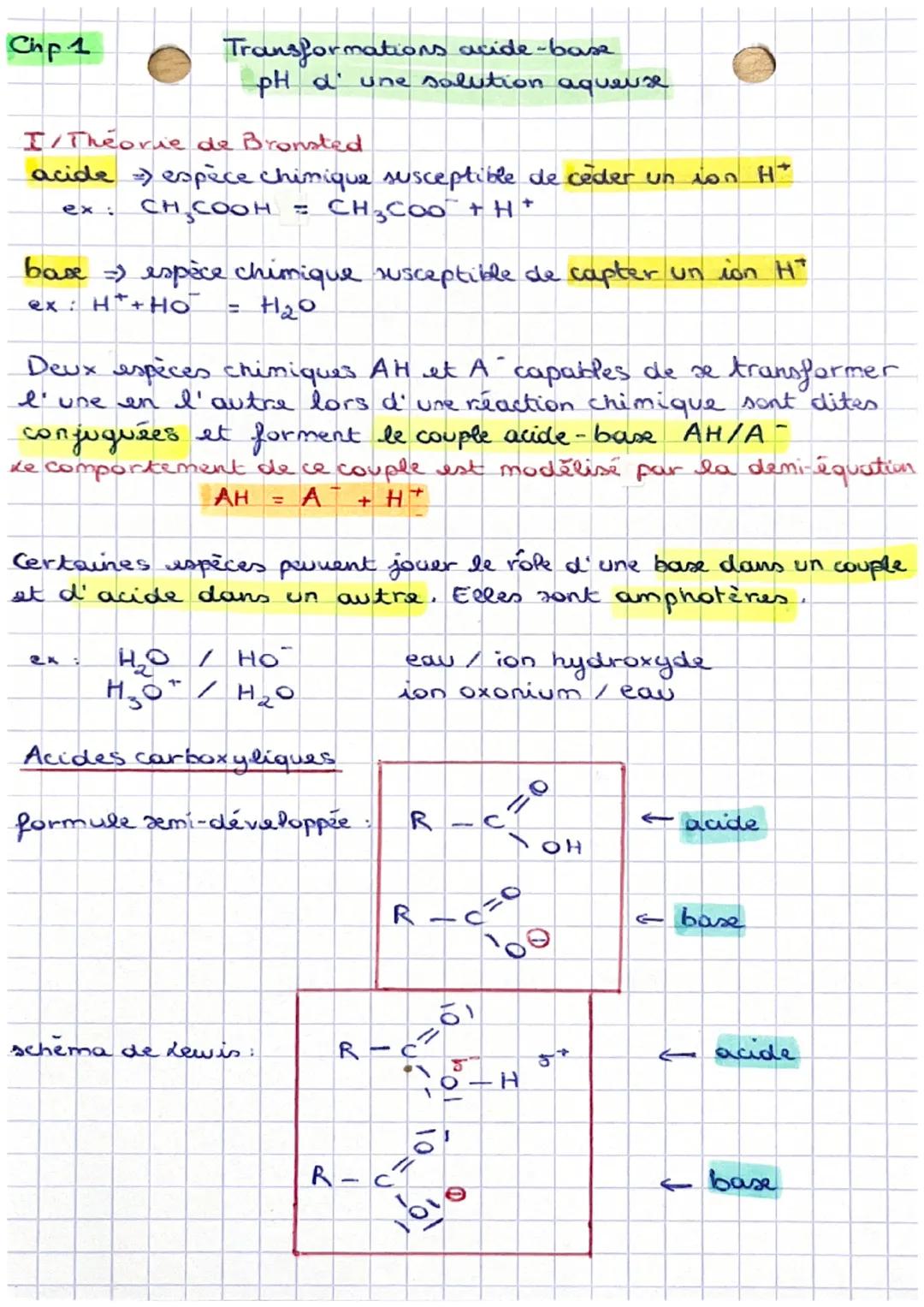 # Chp 1
Transformations acide-base
PH d' une solution aqueuse

I/Theorie de Bronsted.

acide espèce chimique susceptible de cèder un ion $H^