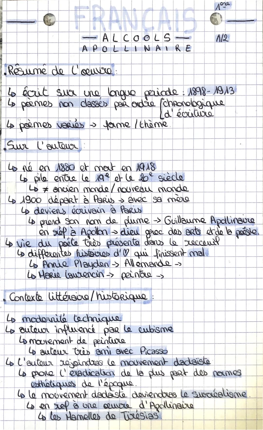 • FRANCAIS
ALCOOLS
APOLLINAIRE
-
лоче
4o né en 1880 et mot en 1918.
4 pile entre le 19e et le 10° siècle
Lo ancien monde / noureau monde
↳ 1