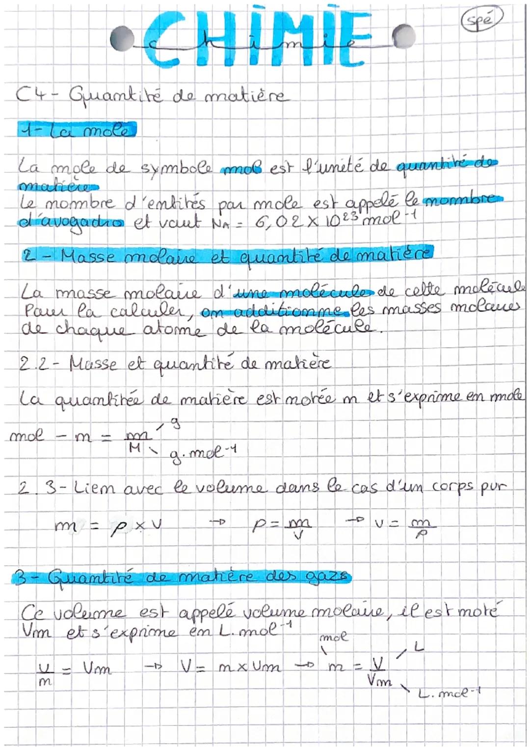 •CHIMIE
C4- Quantité de matière
1- La mole
La mole de symbole moß est l'unité de quantité de
maticie
le nombre d'entités par mole est appelé