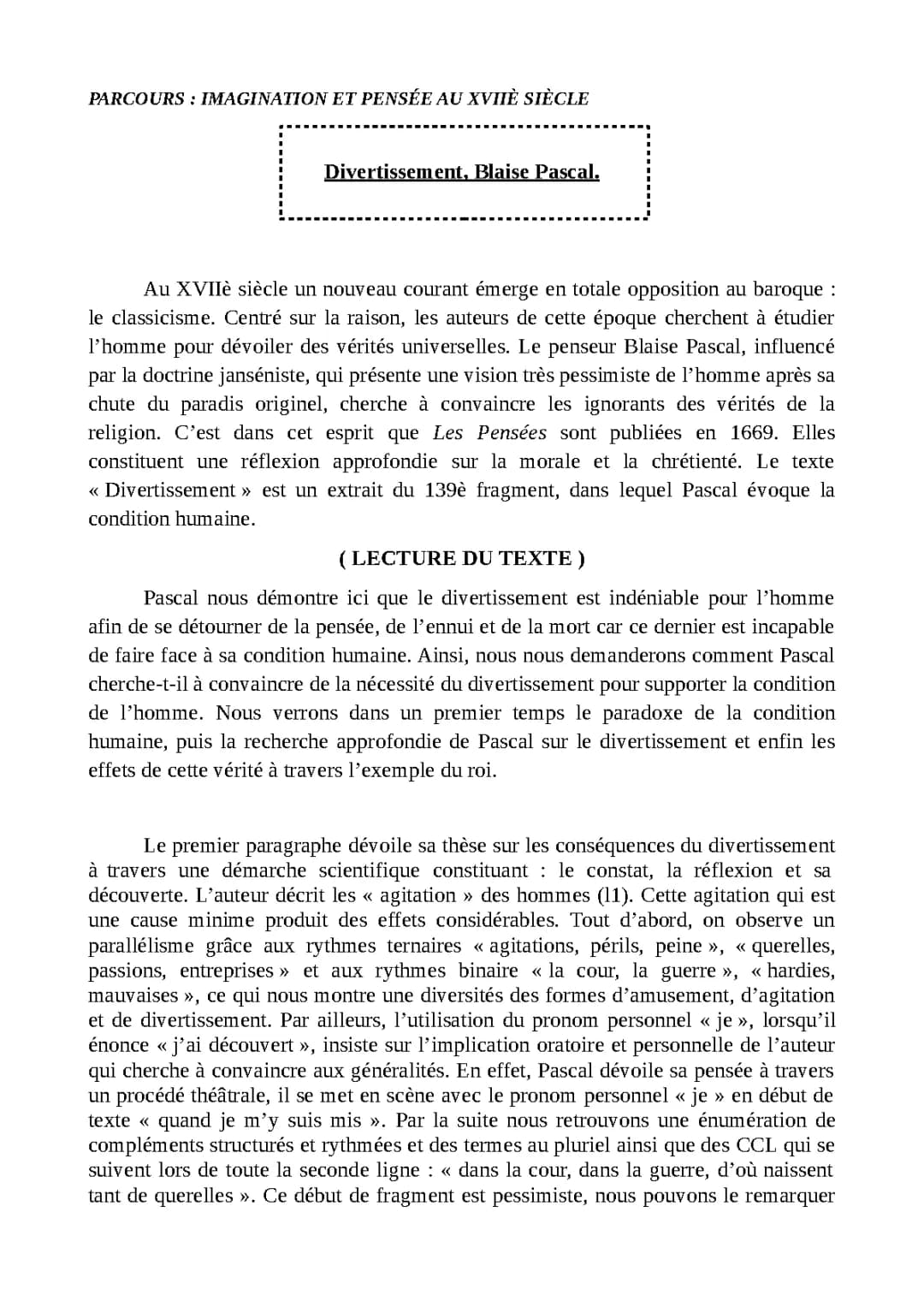 Introduction à l'analyse linéaire des Pensées de Blaise Pascal et le divertissement pascalien