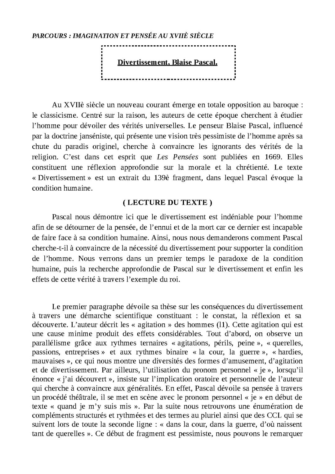 Introduction à l'analyse linéaire des Pensées de Blaise Pascal et le divertissement pascalien