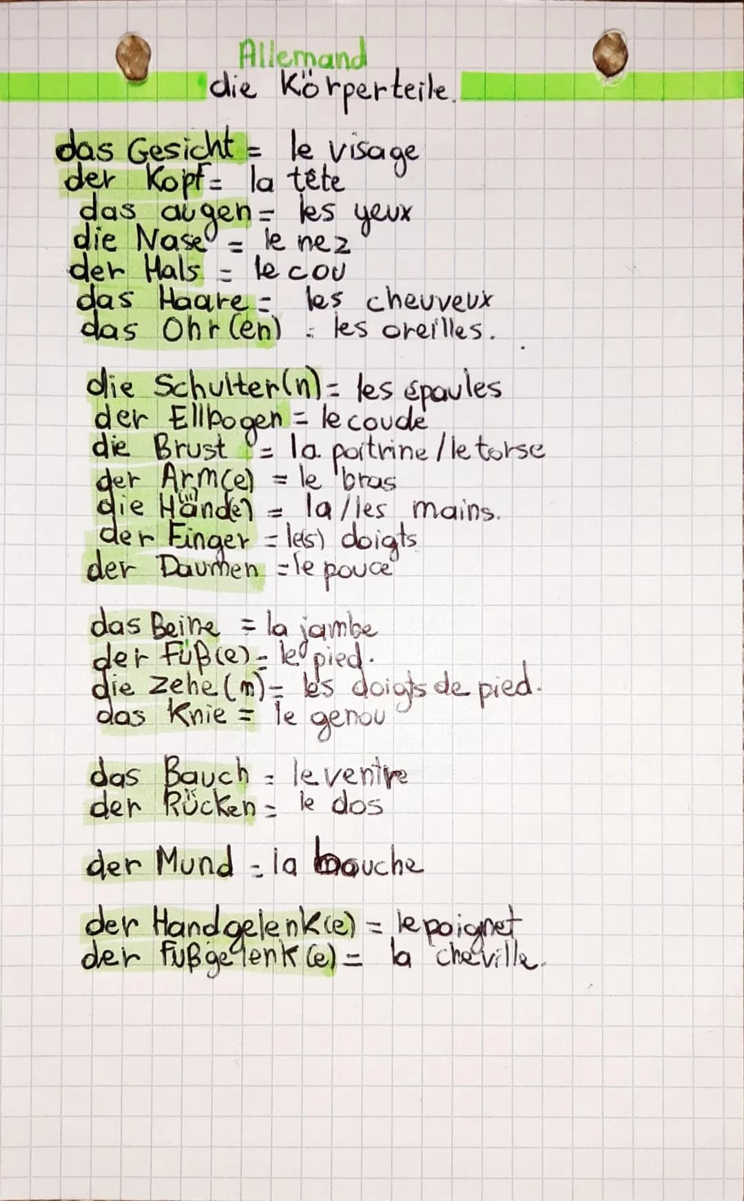 Allemand
die Körperteile.
= les yeux
das Gesicht = le visage
der Kopf- la tête
das au
die Nase = le nez
der Hals - le cou
das Haare - les ch