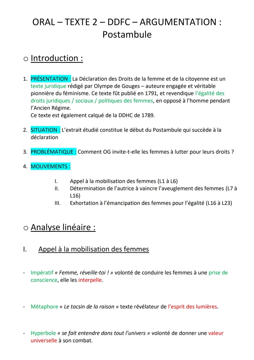 ORAL-TEXTE 2 - DDFC - ARGUMENTATION :
Postambule
o Introduction :
1. PRÉSENTATION : La Déclaration des Droits de la femme et de la citoyenne