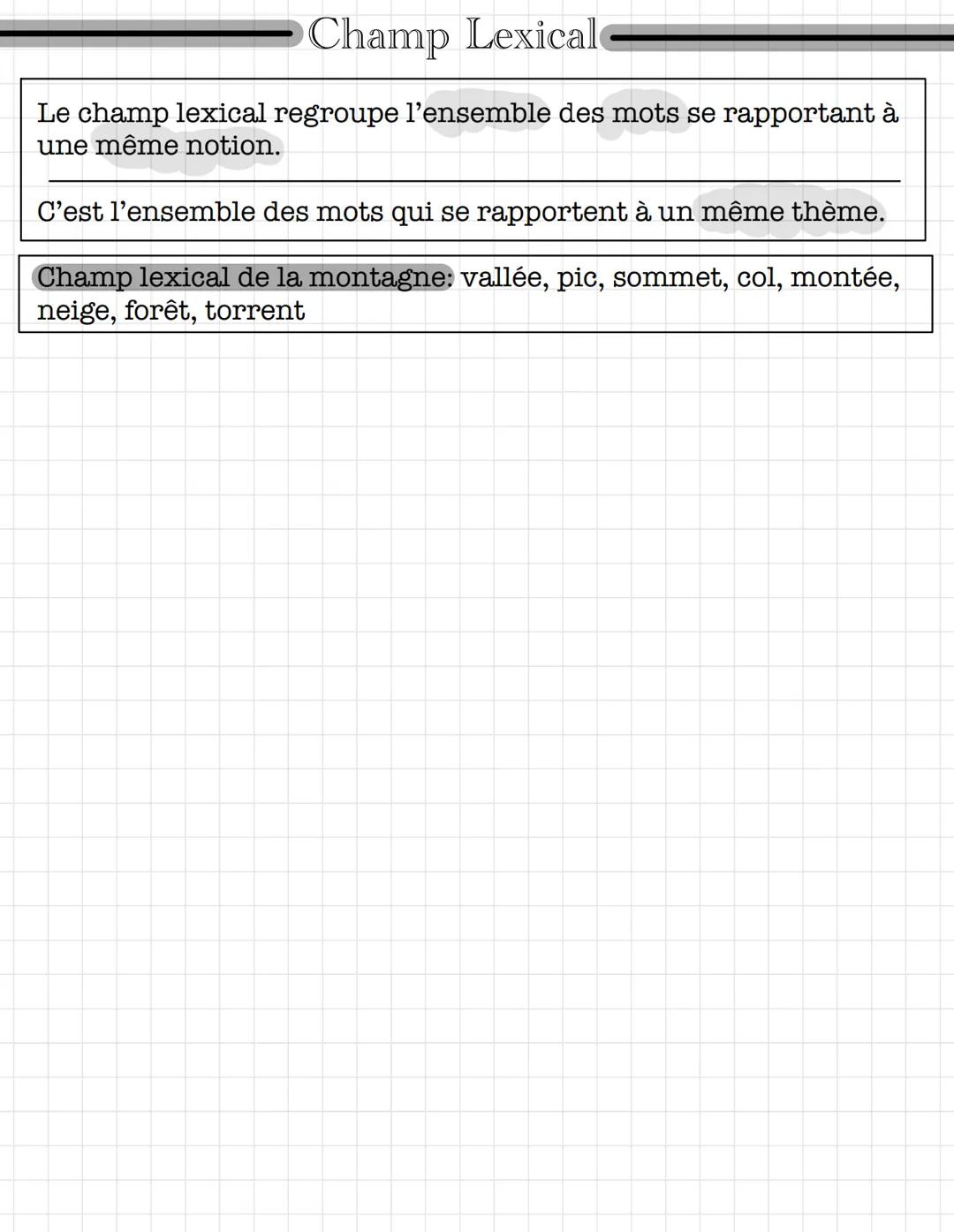 # Champ Lexical

Le champ lexical regroupe l'ensemble des mots se rapportant à
une même notion.

C'est l'ensemble des mots qui se rapportent