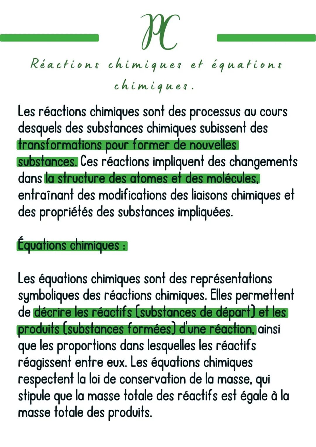 Équations chimiques et réactions