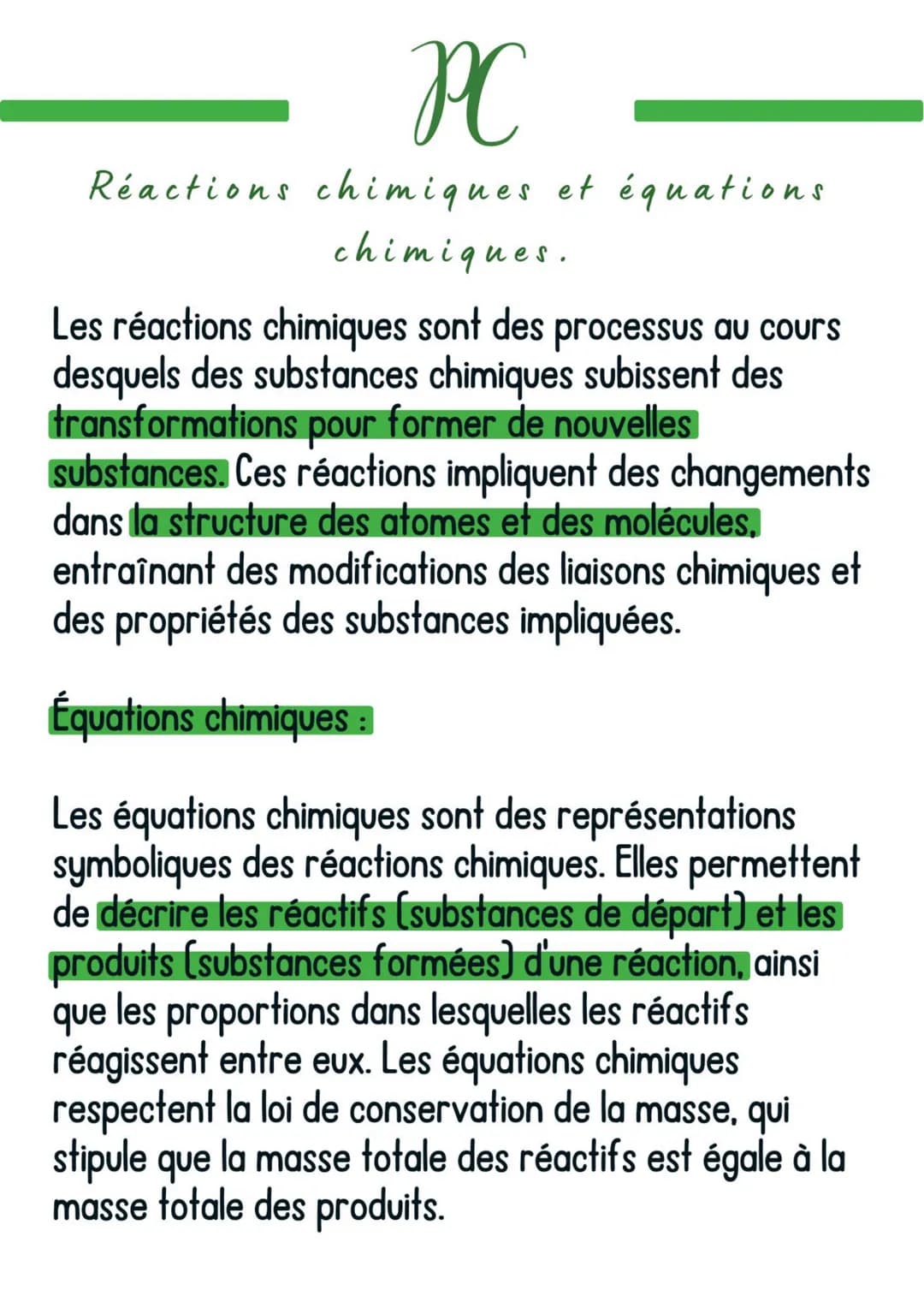 PC
Réactions chimiques et équations
chimiques.
Les réactions chimiques sont des processus au cours
desquels des substances chimiques subisse