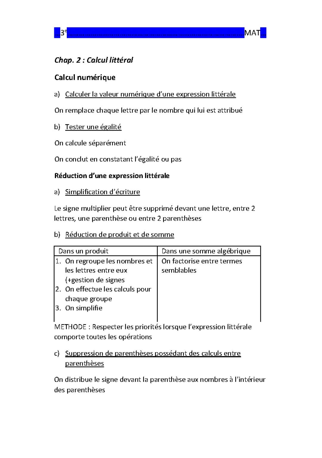 Chap 2 CALCUL LITTERAL