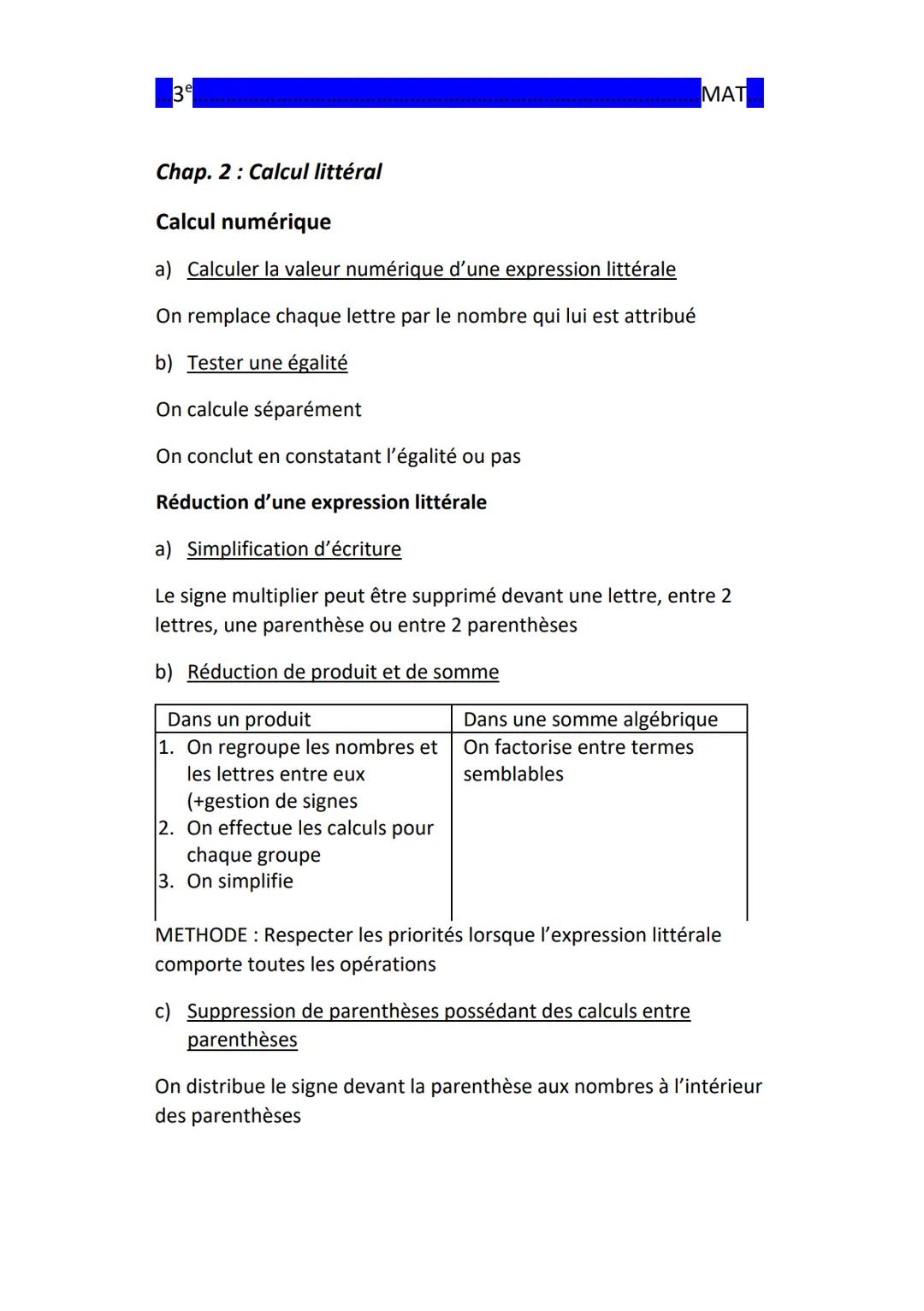 3⁹
Chap. 2: Calcul littéral
Calcul numérique
a) Calculer la valeur numérique d'une expression littérale
On remplace chaque lettre par le nom
