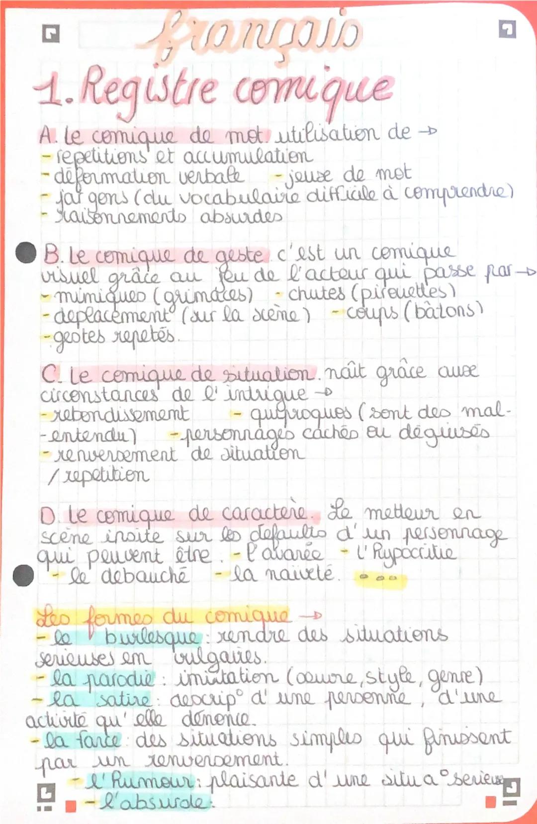 Q
# français

## 1. Registre comique

A. le comique de mot utilisation de $\rightarrow$
- repetitions et accumulation
- deformation verbale 