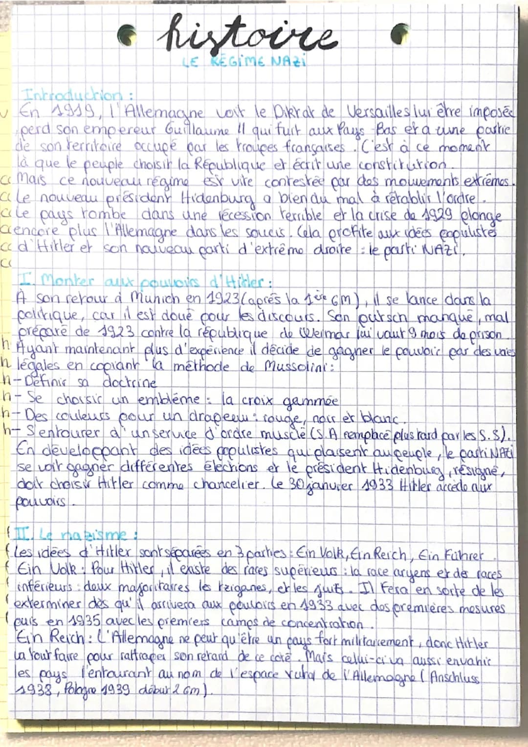 & histoire
LE REGIME NAZI
Introduction:
~ En 1919, I' Allemagne voit le Dikrat de Versailles lui être imposed
perd son empereur Guillaume il
