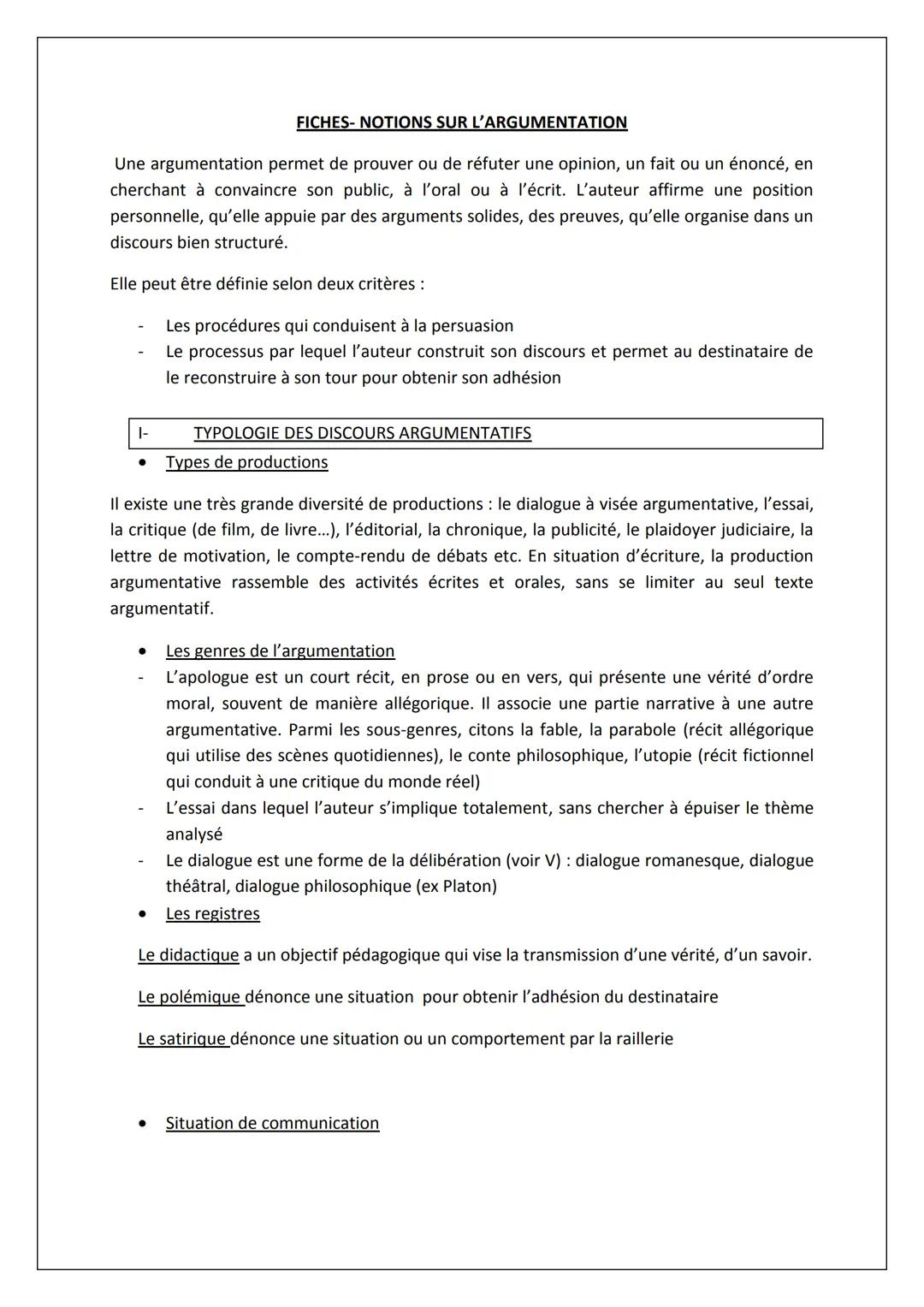 FICHES-NOTIONS SUR L'ARGUMENTATION
Une argumentation permet de prouver ou de réfuter une opinion, un fait ou un énoncé, en
cherchant à conva