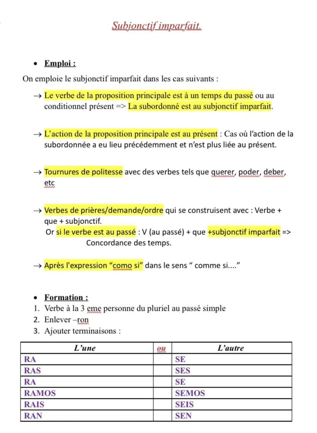 Emploi :
On emploie le subjonctif imparfait dans les cas suivants :
→ Le verbe de la proposition principale est à un temps du passé ou au
co